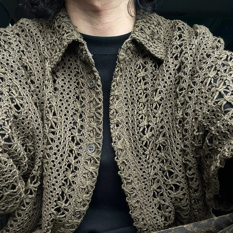 Men's Green Openwork Knit Shirt | Retro Short-Sleeve Summer Top