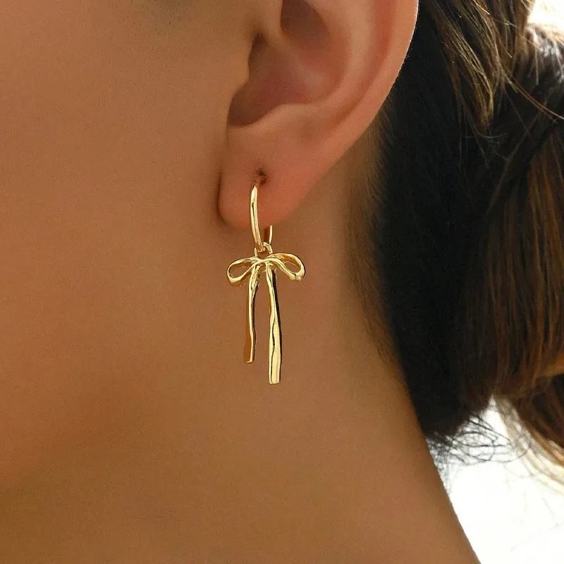 Gold Bowknot Tassel Stud Earrings – Retro Fashion Jewelry Women