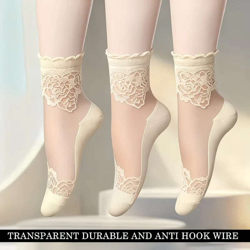 3 Pairs Women Sheer Lace Ankle Socks Thin Transparent Floral Mesh Short Socks Breathable Non-Slip Summer Dress Socks for Flats Peaceful Pleasures Health and Wellness Apricot 3 Pairs One Size