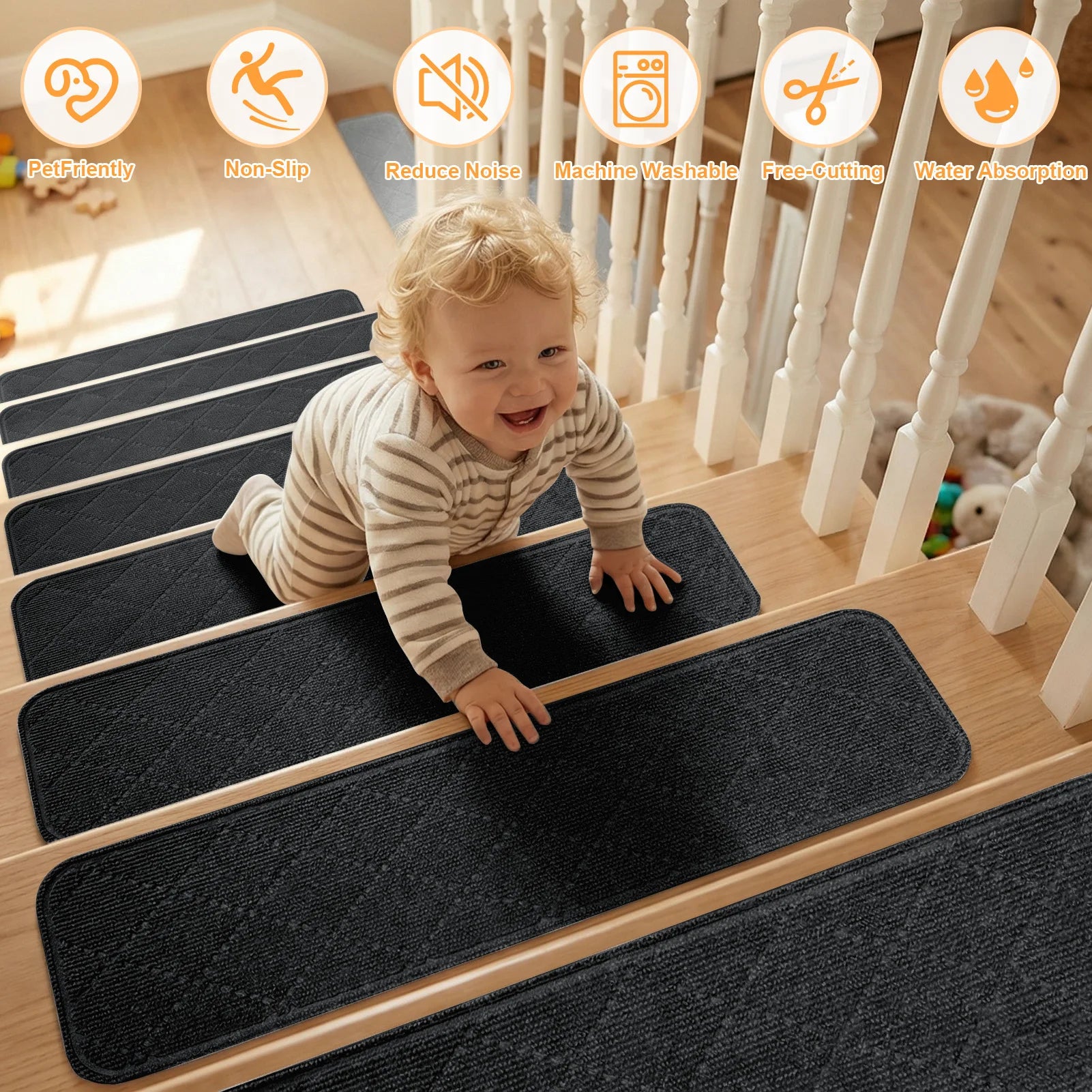 Non-Slip Self-adhesive Edging Stair Treads Indoor Soft Safety Stair Runners TPE Backing for Home Wooden Steps Kids Dogs Pads Peaceful Pleasures Health and Wellness Black 76x20x0.5cm 8pc