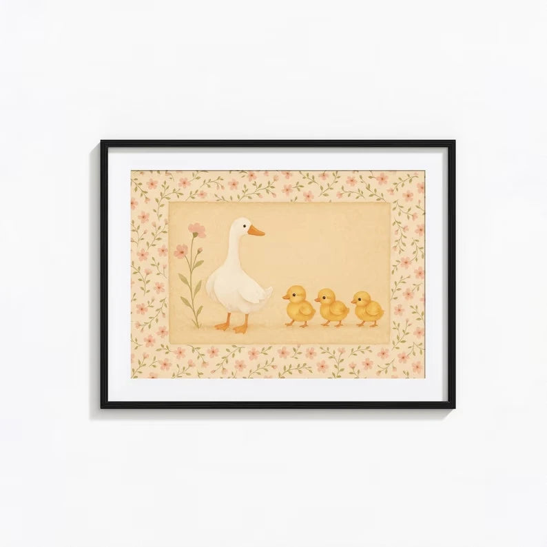 Retro Duck & Ducklings Canvas Wall Art Print | Home Decor