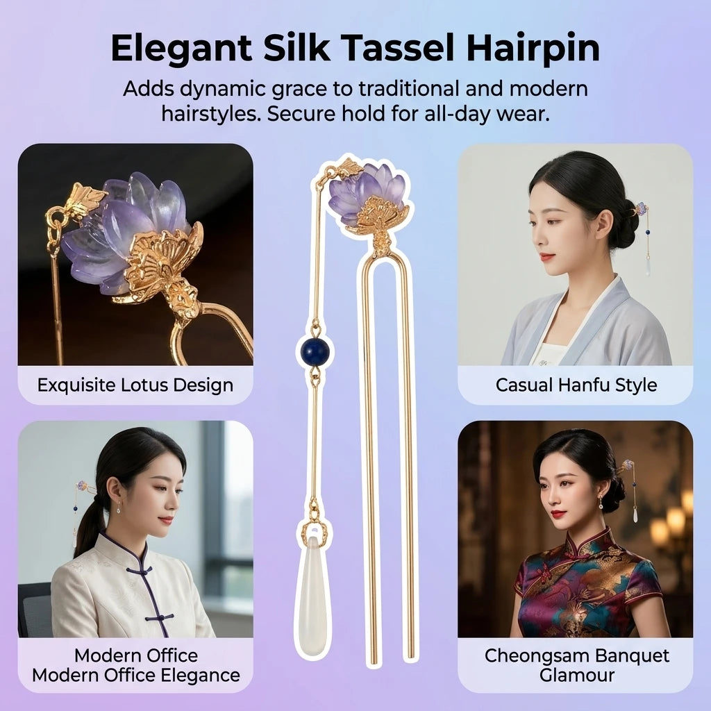 Purple-Lotus Tassel Hairpin For Hanfu Cheongsam Traditional Hairstyle Accessory Peaceful Pleasures Health and Wellness