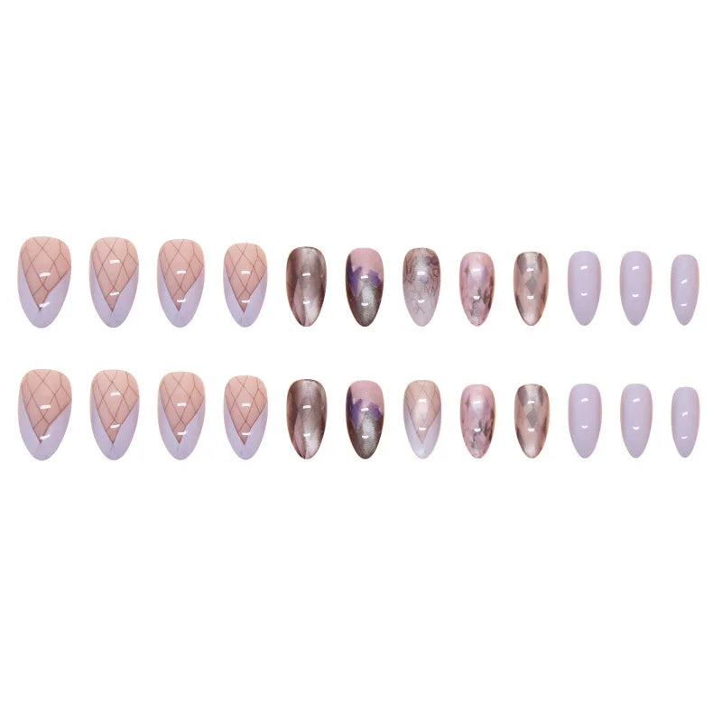 24pcs Purple False Nails with Grid Printed Gradient Purple Fake Nail Tips Full Cover Wearable Ins Franch Almond Press on Nails Peaceful Pleasures Health and Wellness Red