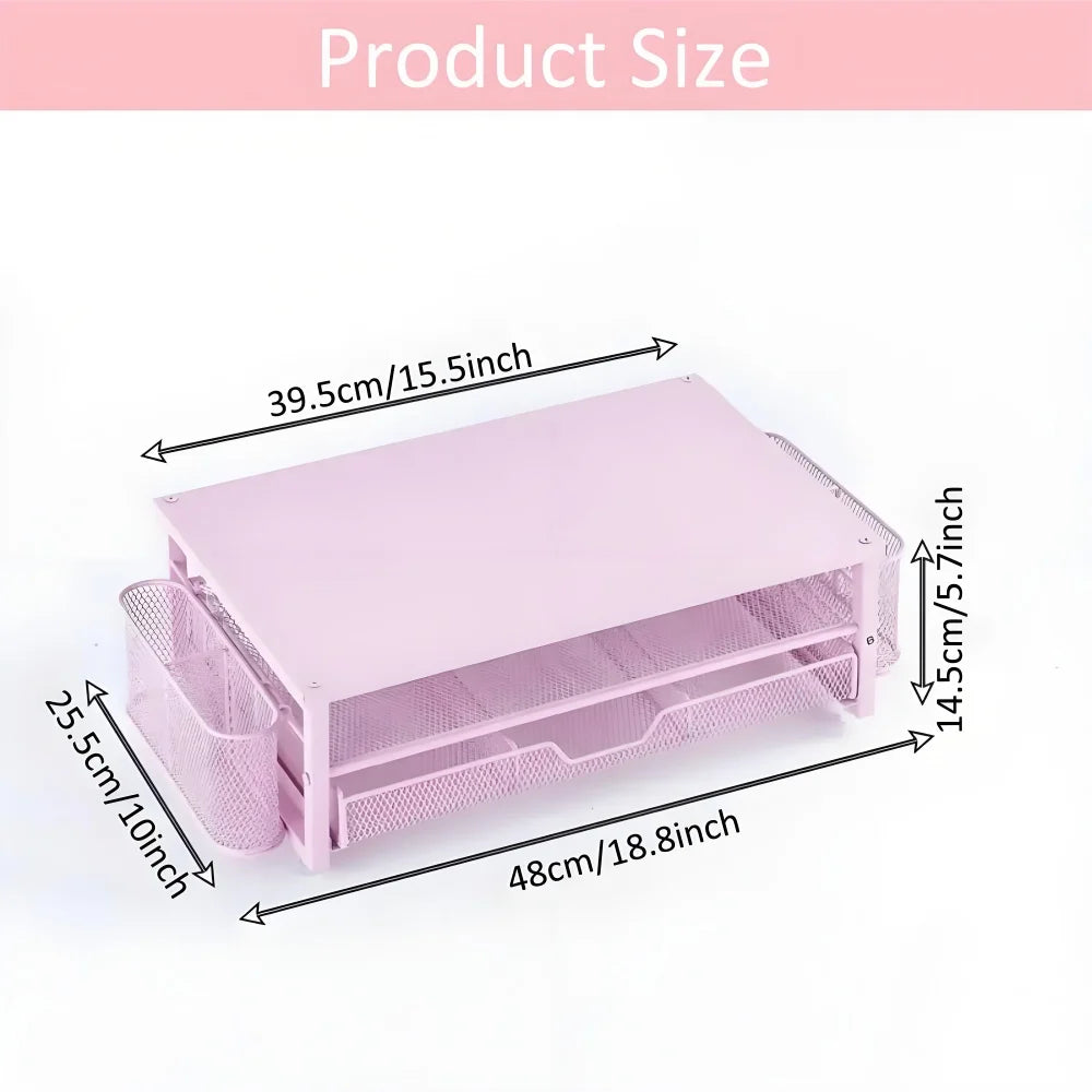2-Tier Desk Organizers and Accessories, Pink & Black Computer Monitor Stand with Drawer, Pen Storage & Tablet Phone Holder Peaceful Pleasures Health and Wellness
