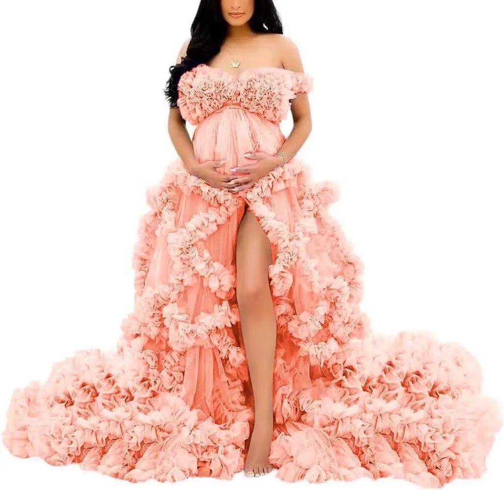 Photoshoot & Baby Shower Tulle Maternity Dress - Off Shoulder, Puffy Ruffles, Elegant Long Robe for Pregnancy Peaceful Pleasures Health and Wellness Coral US 4