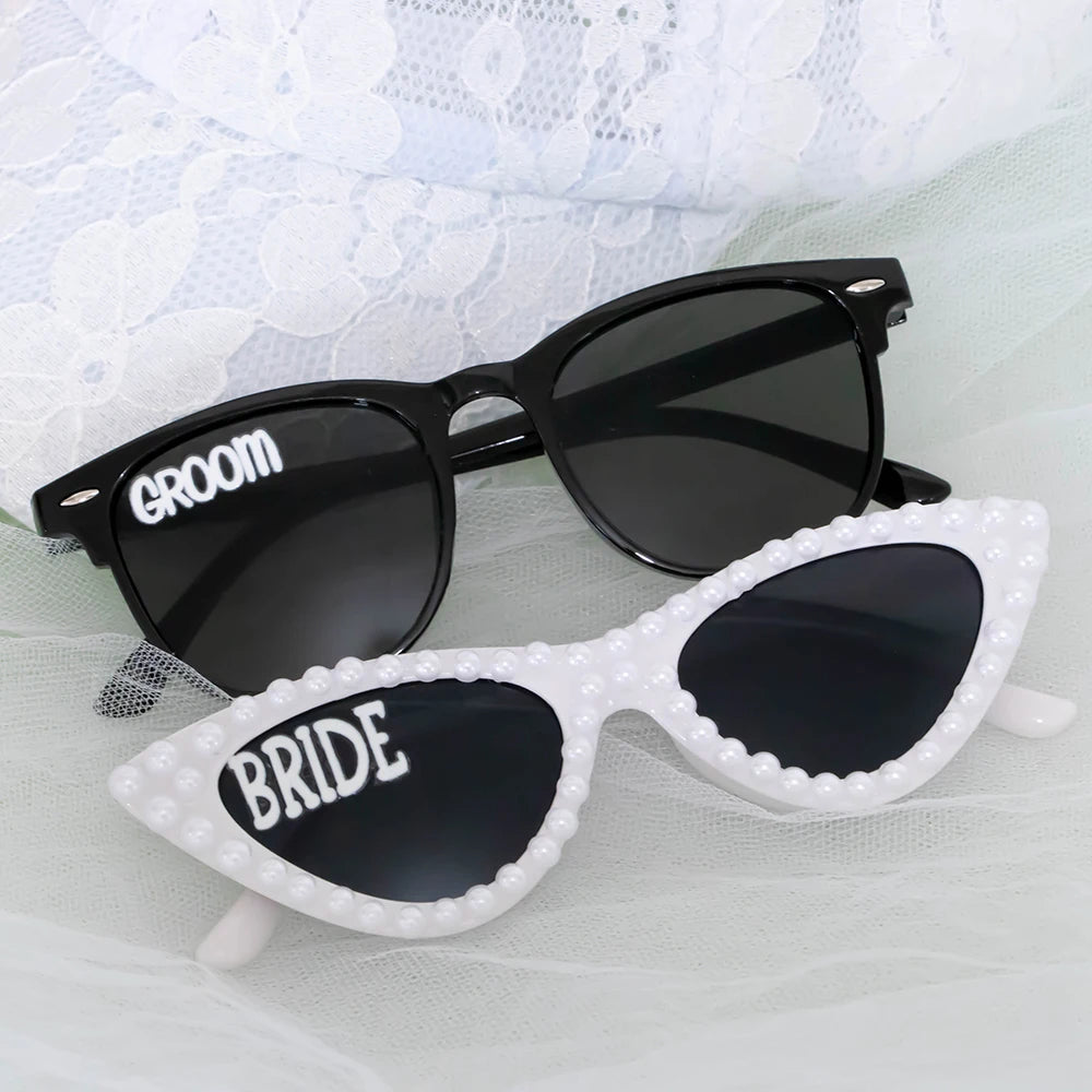 Bride & Groom Pearl Heart Sunglasses Set | Wedding Party Props Wedding Novelty Sunglasses Peaceful Pleasures Health and Wellness