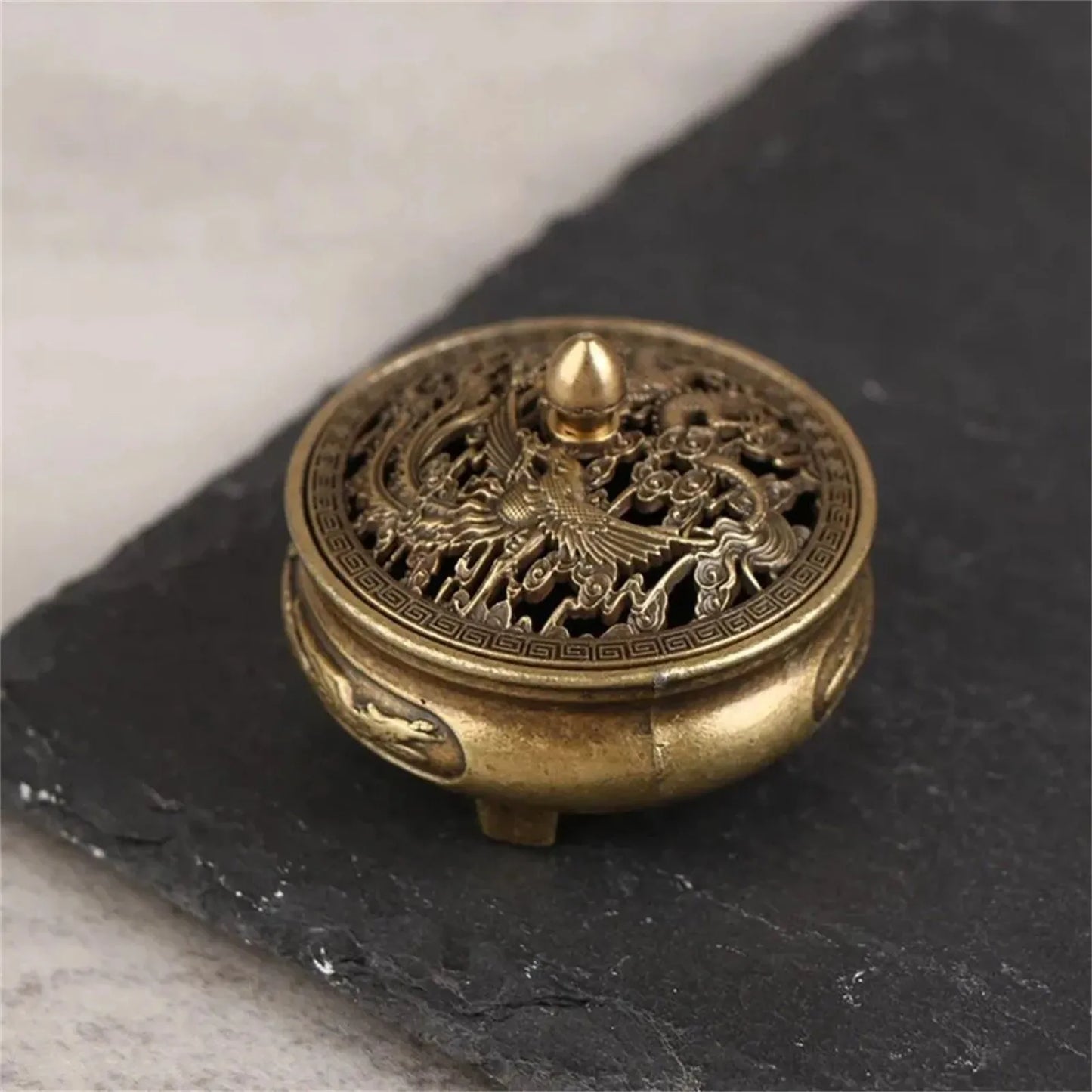 Antique Brass Hollow Dragon Phoenix Incense Burner Incense Mini Ornaments for Home Chinese Ancient Tea Desk Decor Indoor Perfume Peaceful Pleasures Health and Wellness