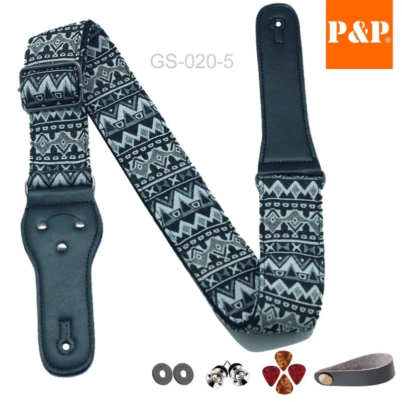 P&p Boho Embroidered Guitar Strap Cotton Adjustable Acoustic Electric