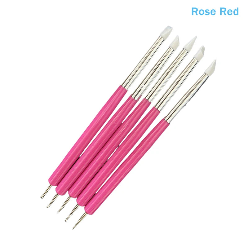 5Pcs 2 Way Nail Art Acrylic Silicone Point Flower Nail Pen Stainless Steel Dotting Tools Marbleizing Painting Pens Peaceful Pleasures Health and Wellness Rose red