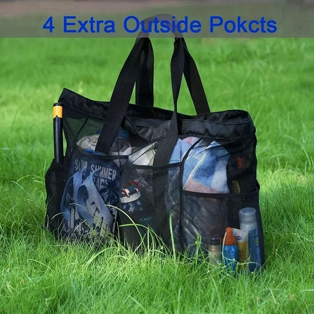 Extra Large Mesh Beach Bag – Zippered Tote with Side Pockets