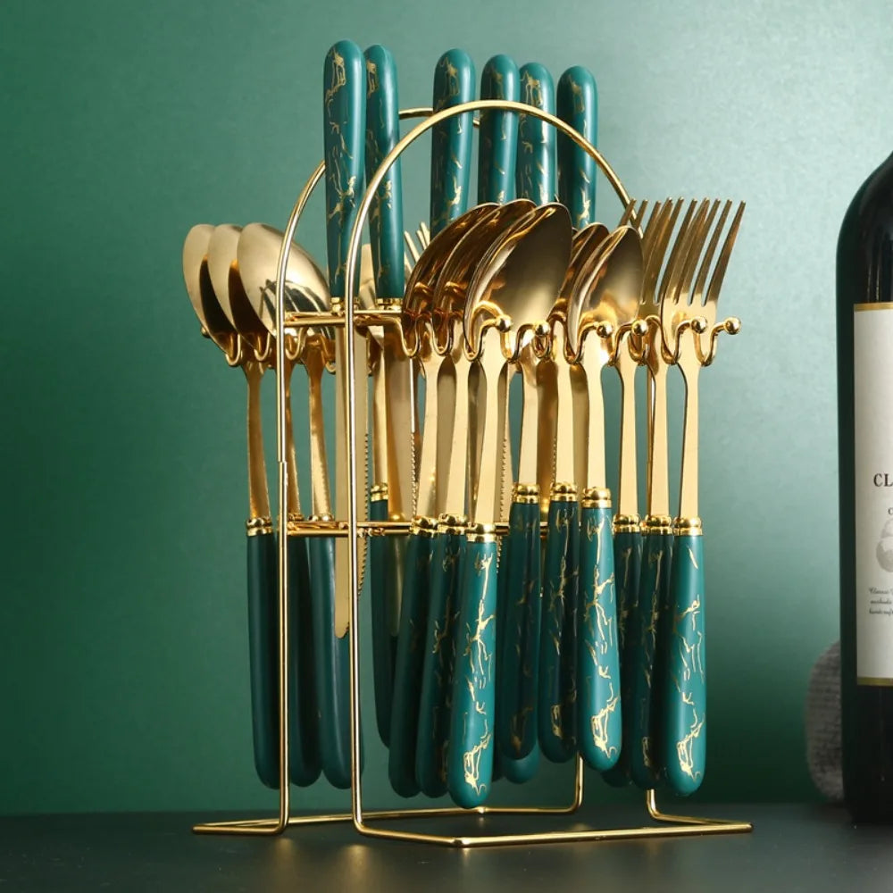 24-Piece Marbled Stainless Steel Cutlery Set with Storage Rack