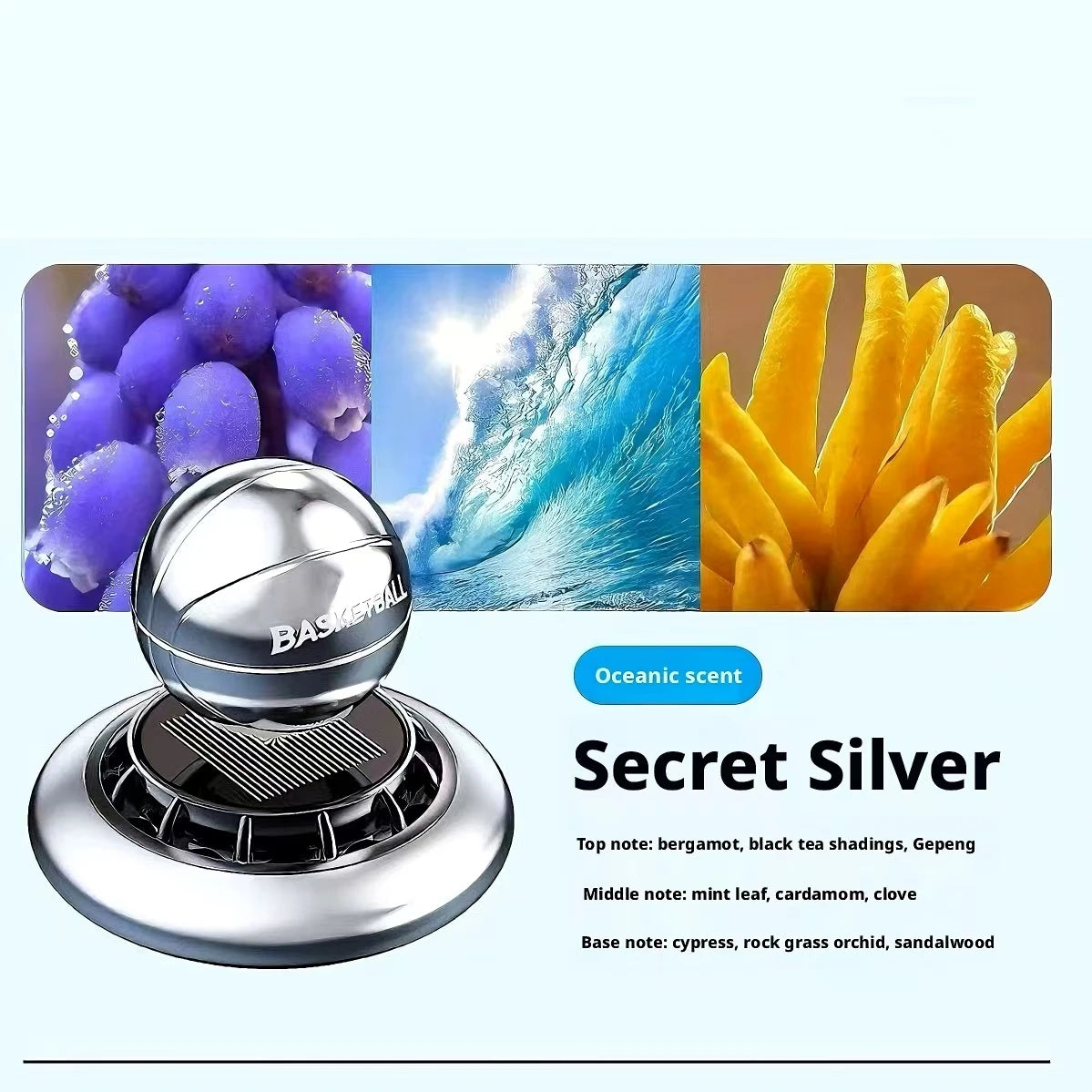 Automatic Rotating Basketball Car Perfume Solar Energy Aromatherapy Diffuser Formaldehyde Remover Long Lasting Light Scent Peaceful Pleasures Health and Wellness Mystic Silver