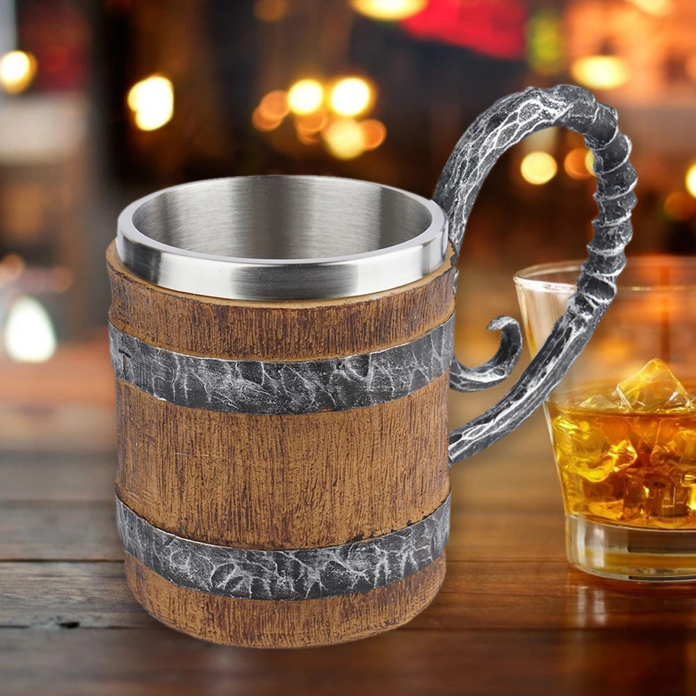 Wooden Barrel Beer Mug | Retro Double-Wall Resin & Steel