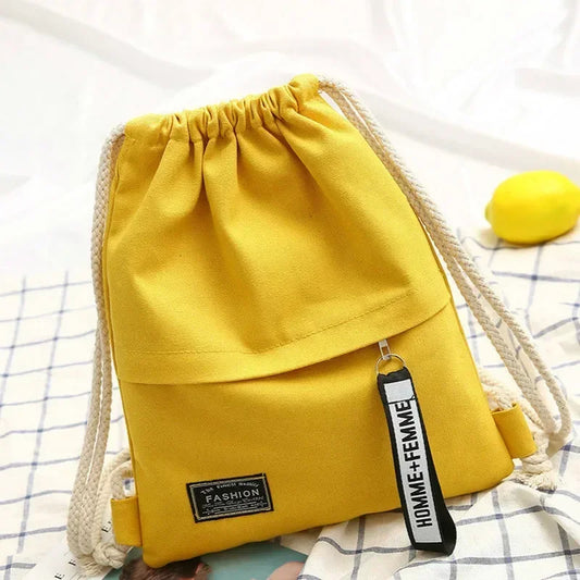 Canvas Drawstring Backpack Casual School Bag Double Shoulder Travel Peaceful Pleasures Health and Wellness Yellow