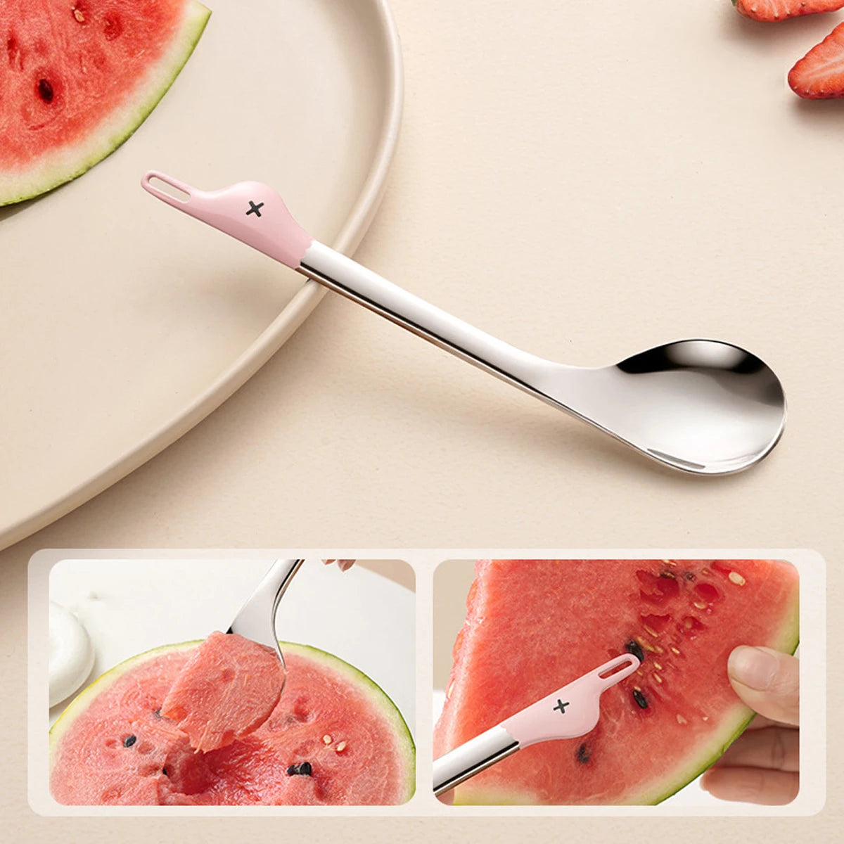 1Pcs Cartoon Stainless Steel Dual-purpose Watermelon Spoon Duck Shape Seed Remover Dessert Spoon Grip Grade Coffee Spoon Peaceful Pleasures Health and Wellness Pink