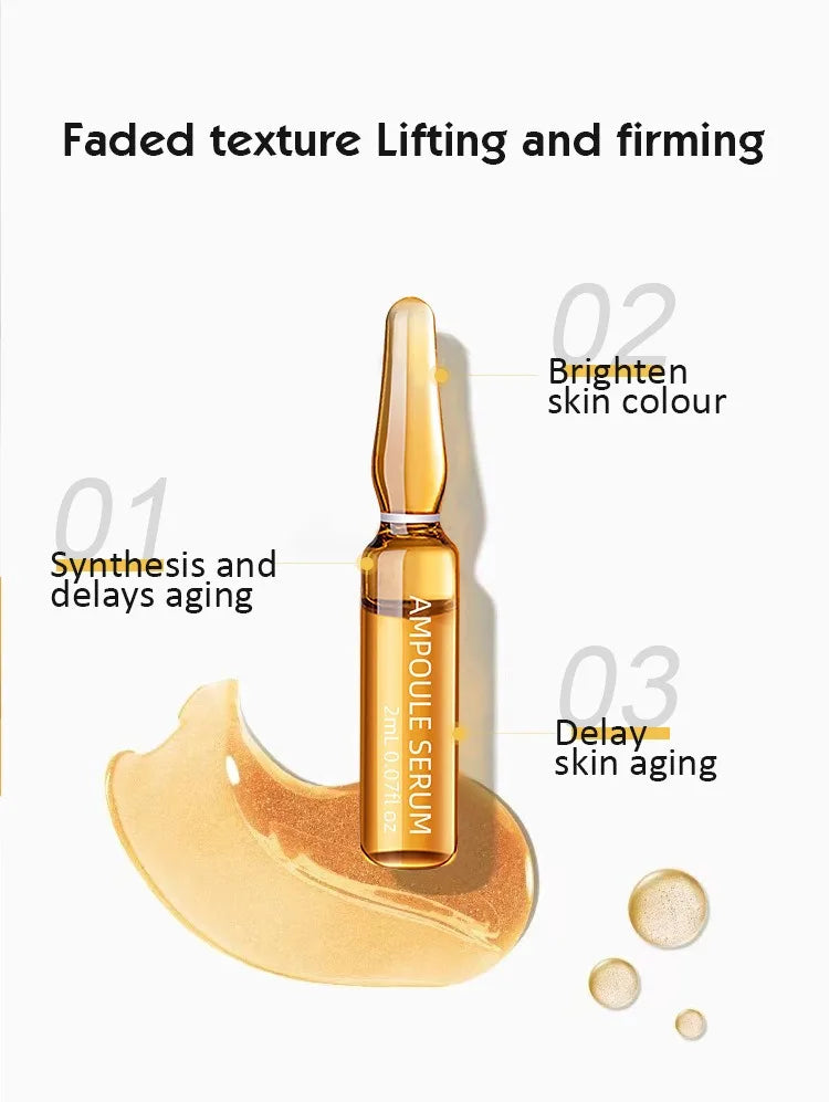 Gold ampoule serum bottle with text on a white background