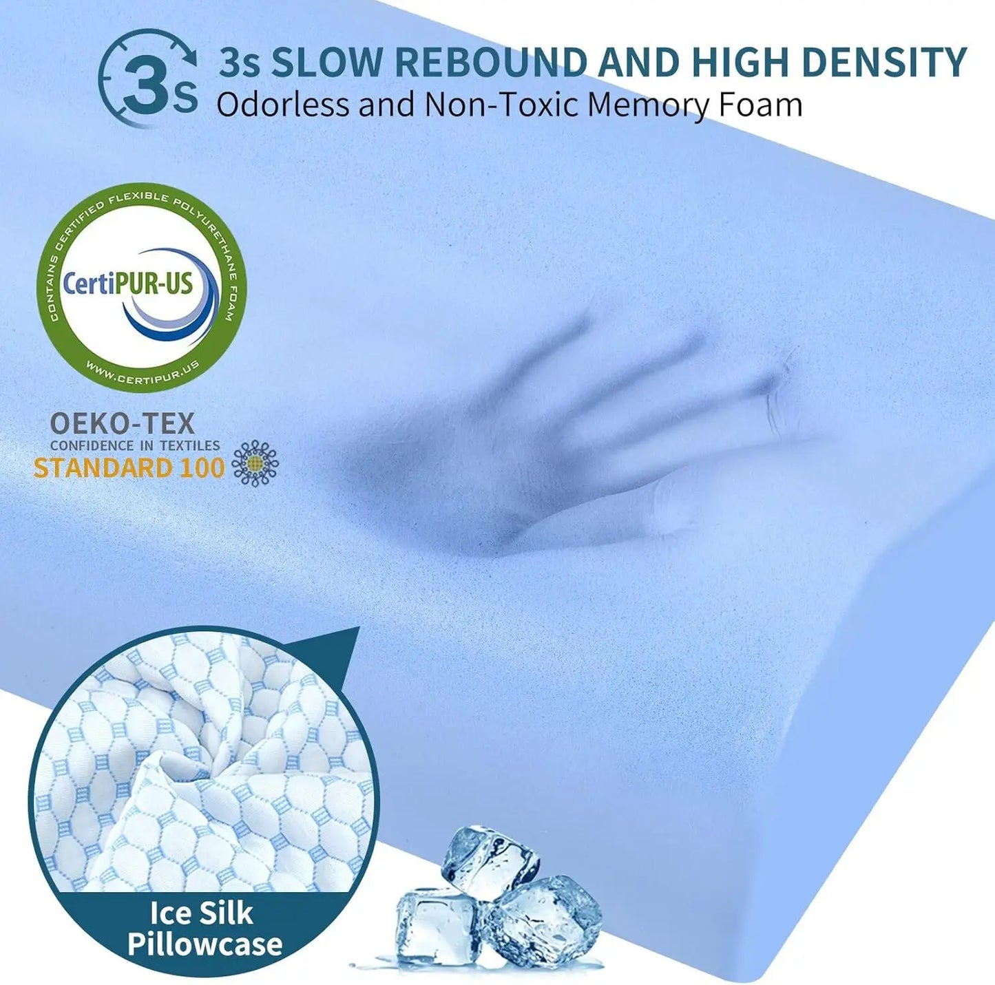 Ice Silk Pillowcase with CertiPUR-US and OEKO-TEX certifications on a blue background