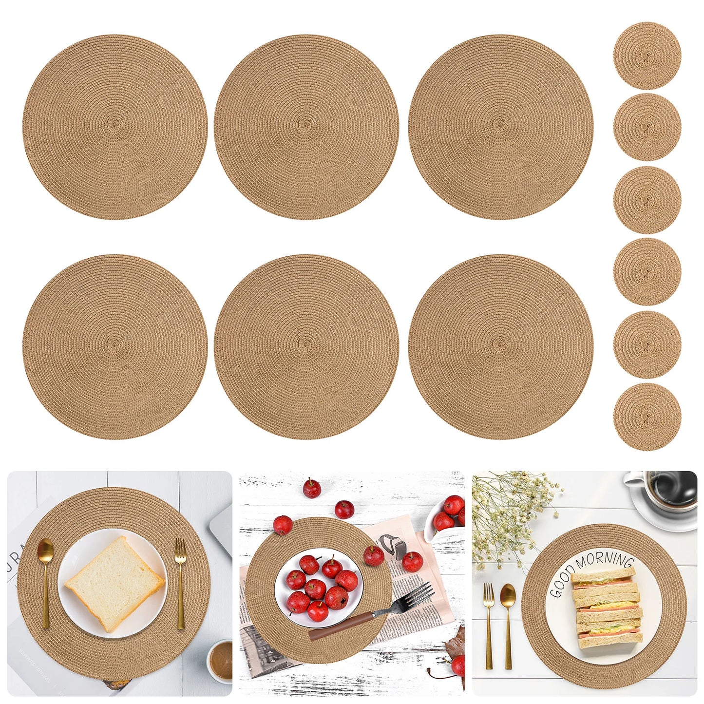 12pcs Round Braided Table Mat Washable Placemats Anti Slip Dining Tableware Bowl Pads Home Kitchen Decor Drink Cup Pad Coasters Peaceful Pleasures Health and Wellness