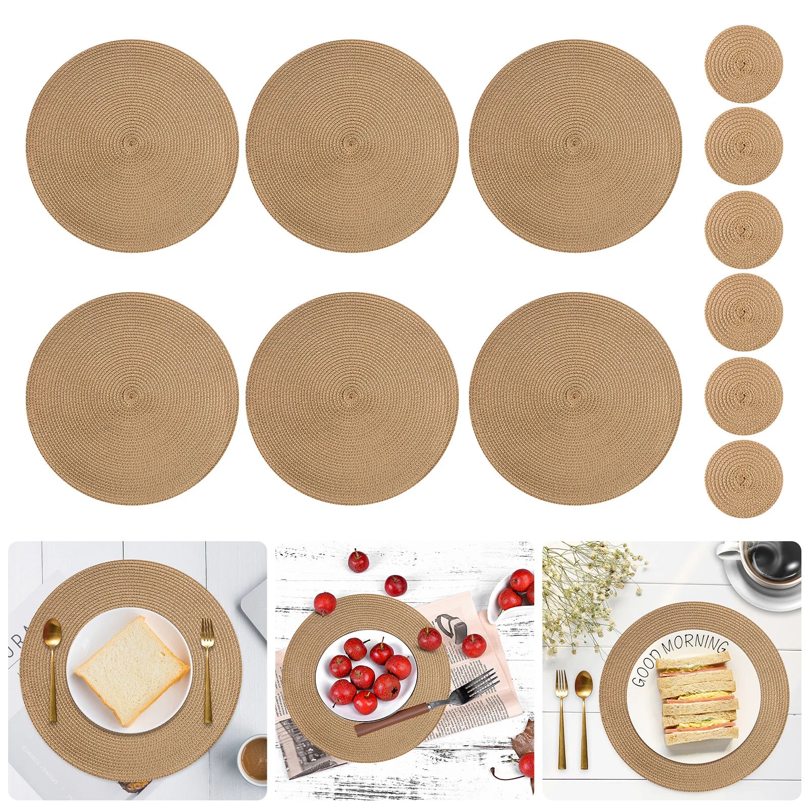 12pcs Round Braided Table Mat Washable Placemats Anti Slip Dining Tableware Bowl Pads Home Kitchen Decor Drink Cup Pad Coasters Peaceful Pleasures Health and Wellness