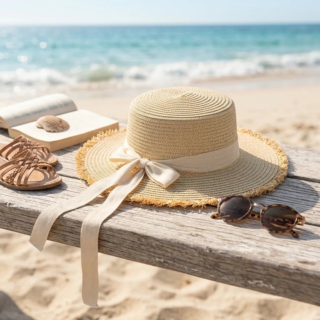 Women's Wide Brim Raffia Straw Sun Hat with Bow | Beach Hat
