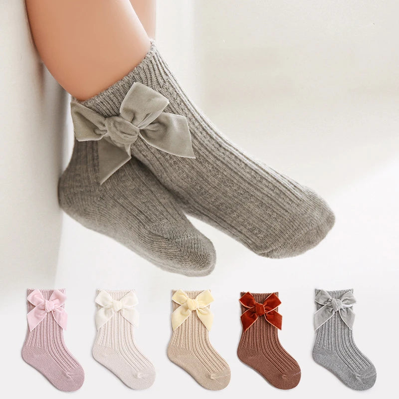 Baby Girls Christmas Knit Socks – Thick Bow Cotton, Ages 0–5Y