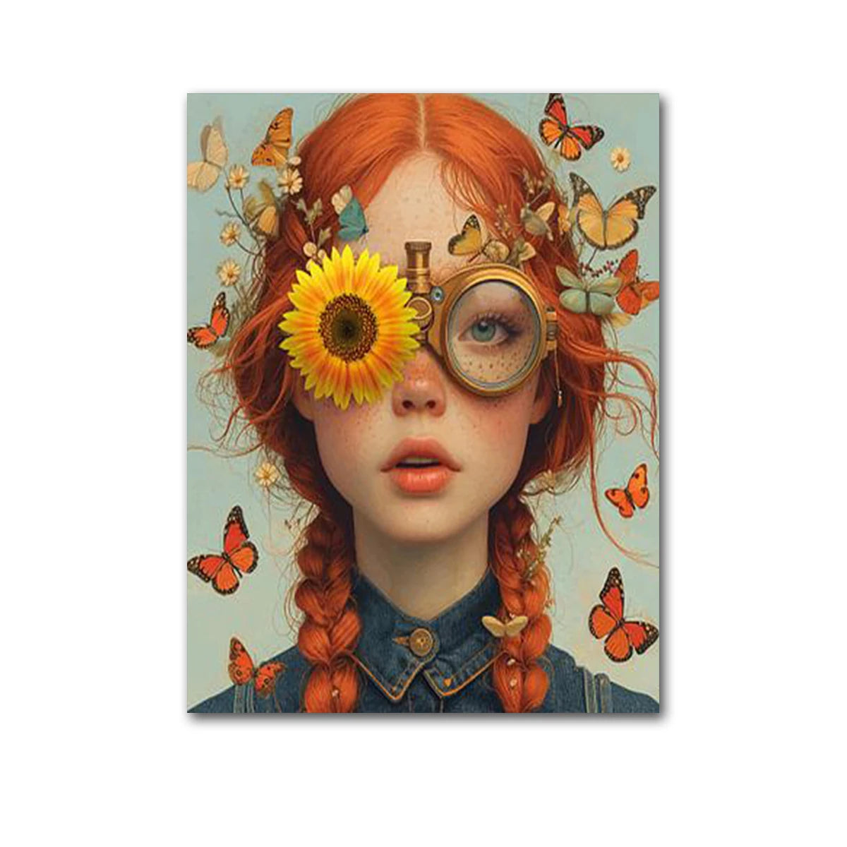 Nordic Boho Fashion Glasses Woman With Flowers Wall Art Canvas Painting Butterfly With Girl Portrait Poster Prints Mural Picture Peaceful Pleasures Health and Wellness QP10896-D 20x30cm No Frame