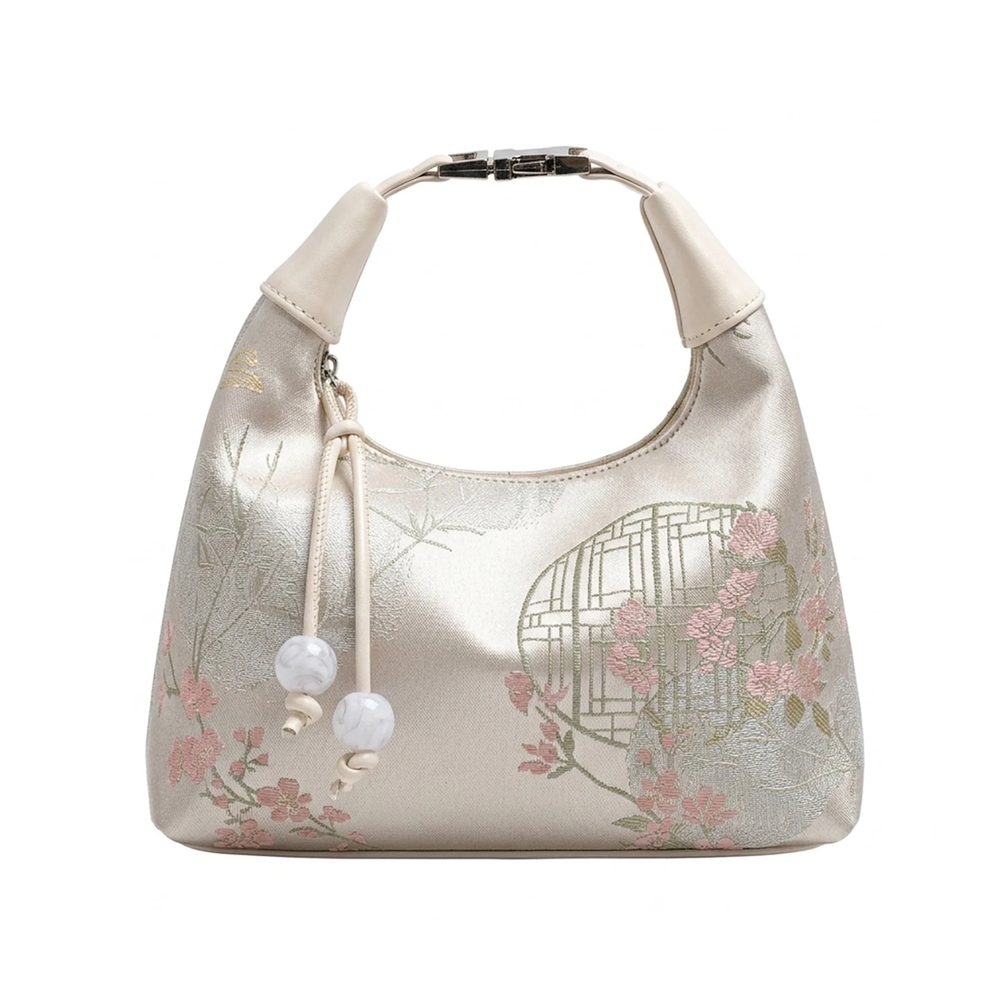 Embroidered Pea-Shaped Handbag For Women With Adjustable Strap And Traditional Design Peaceful Pleasures Health and Wellness WHITE