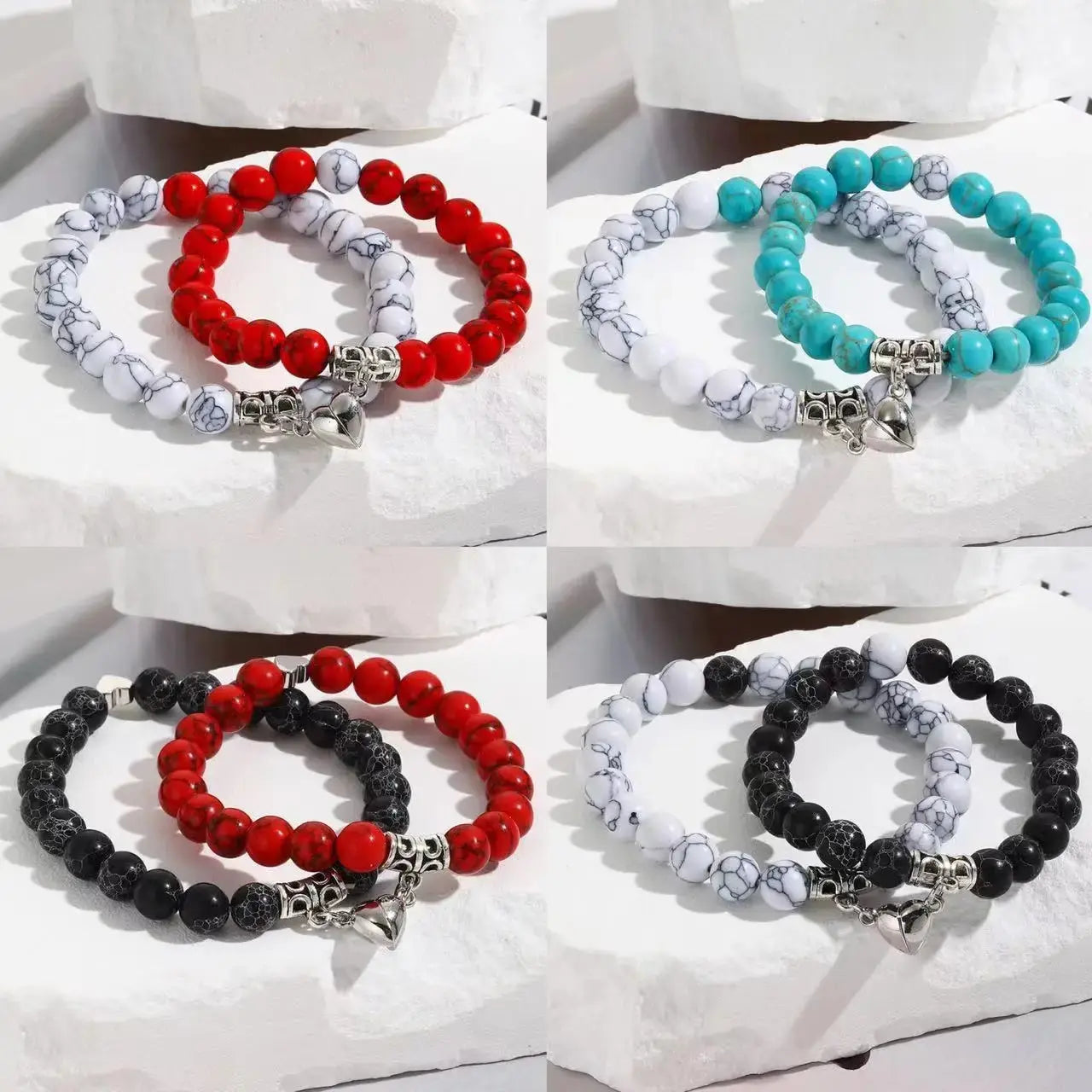 Natural Stone Bead Couple Bracelets Set – Heart Magnet, 2 Pcs