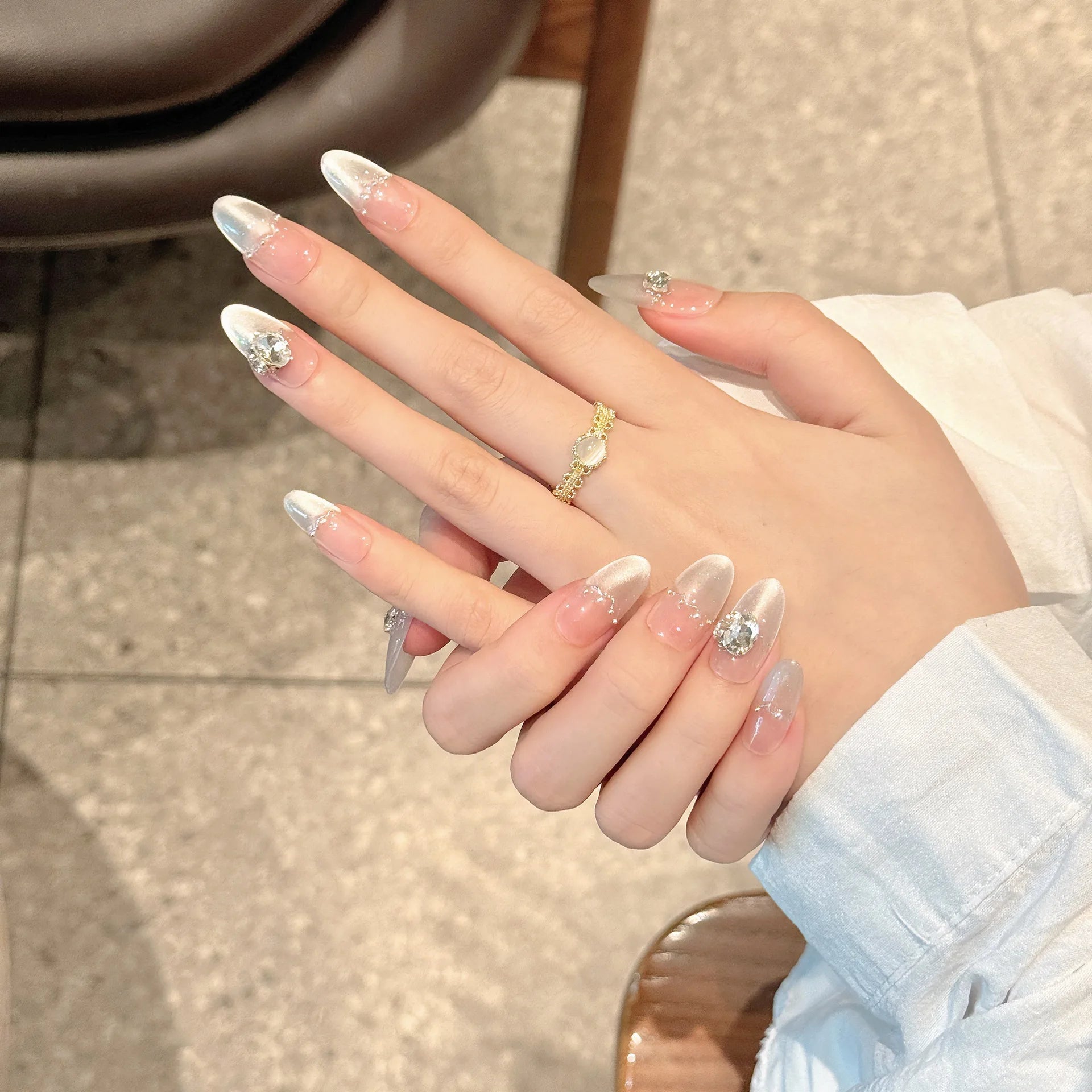 Handmade Press on Nails Aurora Blue French Pearl Crystal Fake Nails Wearable Full Cover Almond Sweet Pink Blush False Nails Peaceful Pleasures Health and Wellness