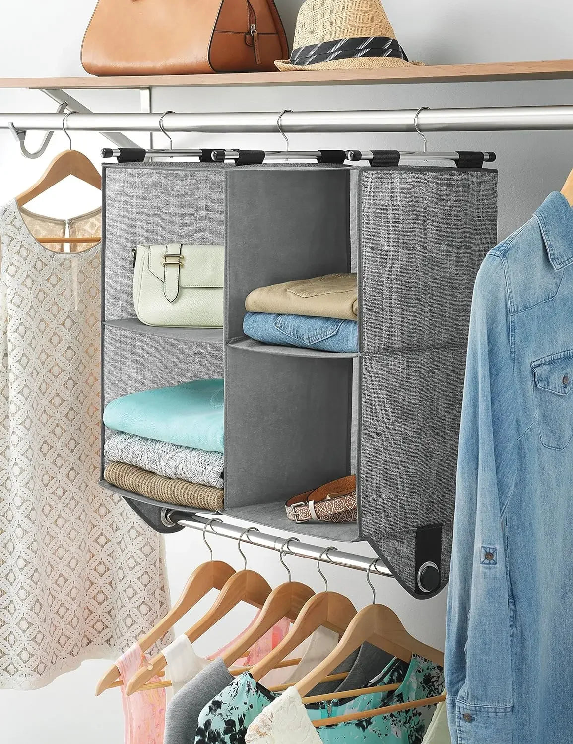 4-Section Fabric Closet Organizer with Chrome Rod for Hanging and Folded Garments Peaceful Pleasures Health and Wellness
