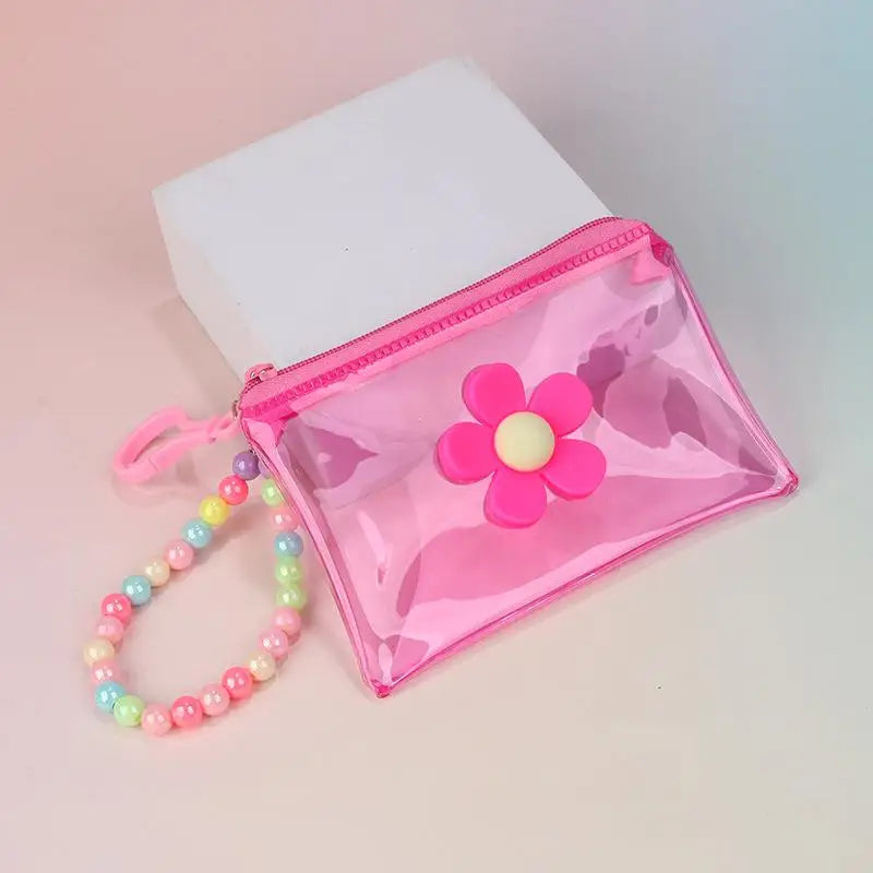 Flower Bead Chain Coin Purse – Clear PVC Zipper Mini Wallet