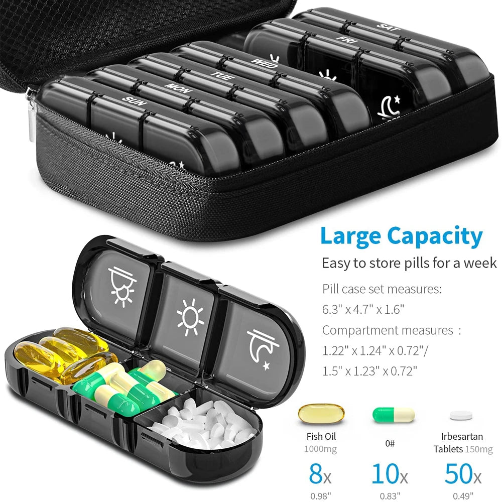 Weekly Pill Organizers 21 Grids 3 Times A Day Moisture-Proof Pill Box With PU Leather Case For Store Vitamin Medicine Fish Oils Peaceful Pleasures Health and Wellness