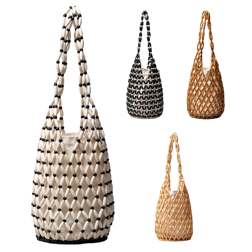 Handmade Wooden Bead Woven Bucket Bag for Women Peaceful Pleasures Health and Wellness