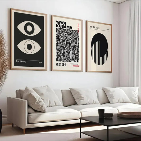 3-Piece Modern Abstract Bauhaus Black Canvas Wall Art Print Set Canvas Wall Art Set Peaceful Pleasures Health and Wellness
