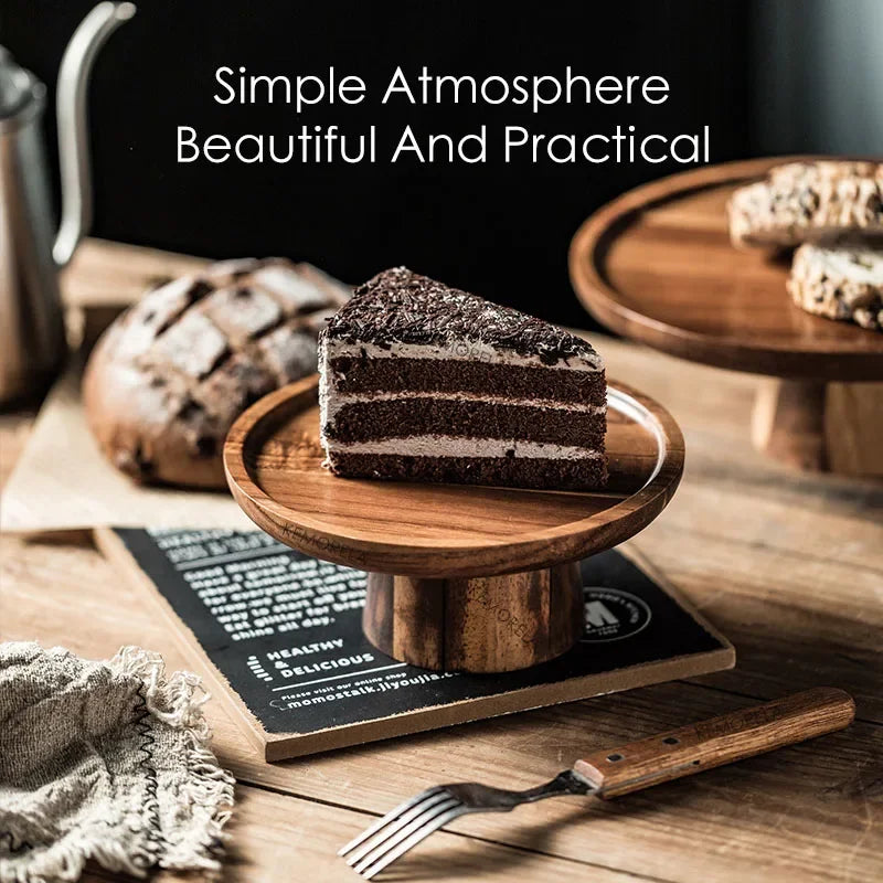 Creative High-Foot Cake Plate Acacia Wood Decoration Tea Plate Dessert Table Display Stand Afternoon Tea Fruit Snack Tray Peaceful Pleasures Health and Wellness
