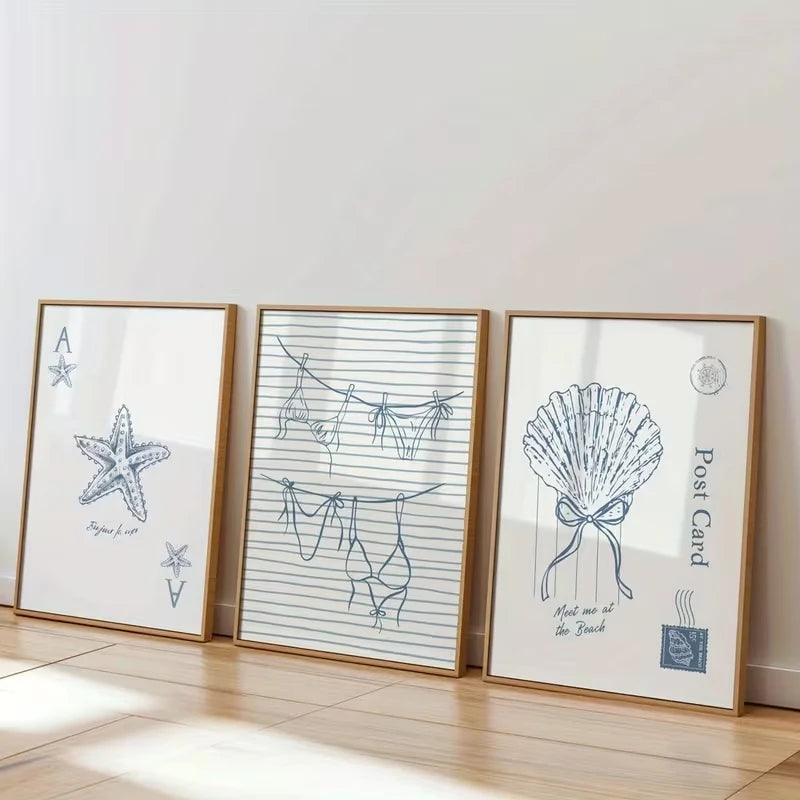 3-Piece Coastal Blue Seashell Canvas Wall Art | Home Decor