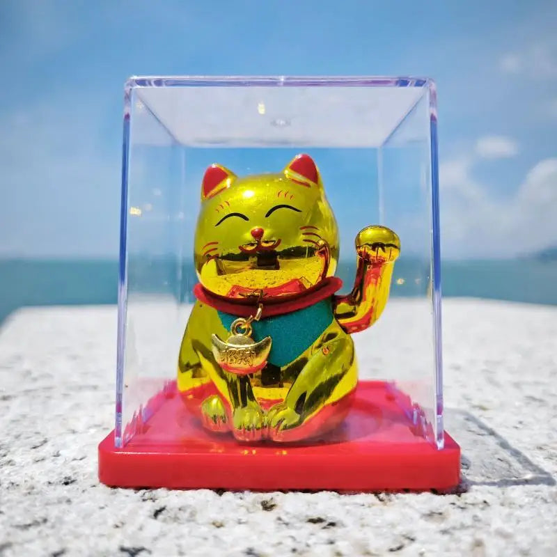 Solar Waving Lucky Cat Ornament | Mini 2" Desk Fortune Décor