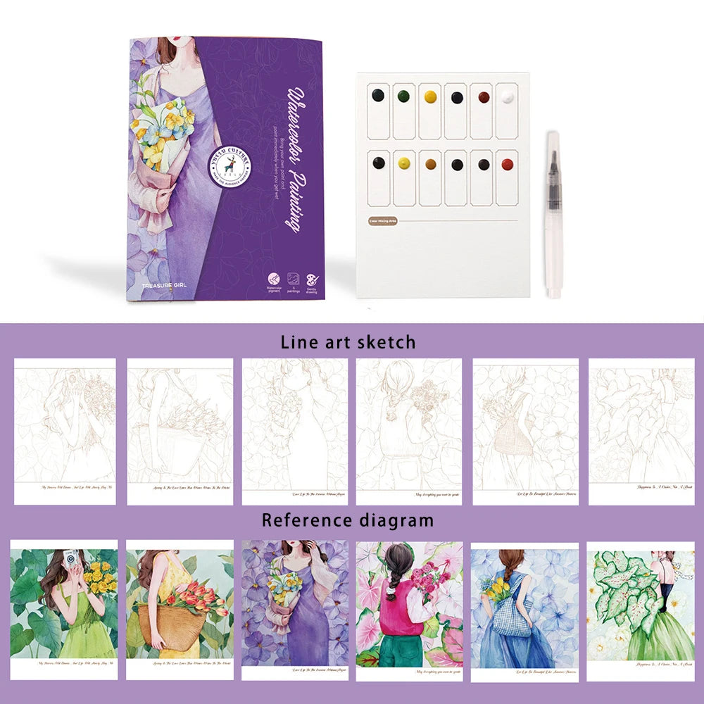 6 Creative Watercolor Painting Sets Including Paper Dipping Pen Art