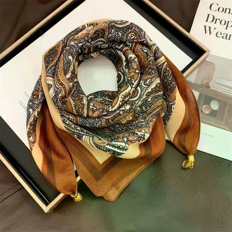 70x70 Retro Print Square Silk Scarf with Magnetic Buckle