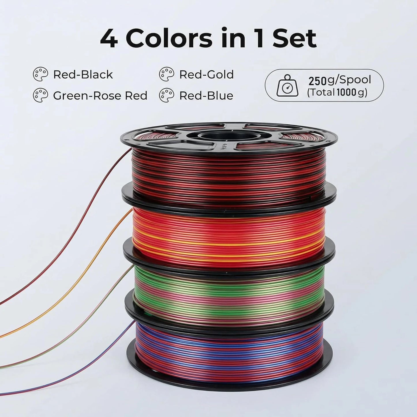 Silk PLA Filament Bundle 4×250g Dual Color Glossy 1.75mm