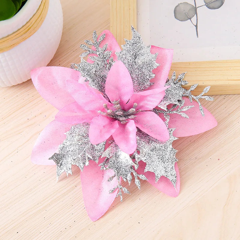 Glitter Artificial Christmas Flowers with Clips – Xmas Tree Decor