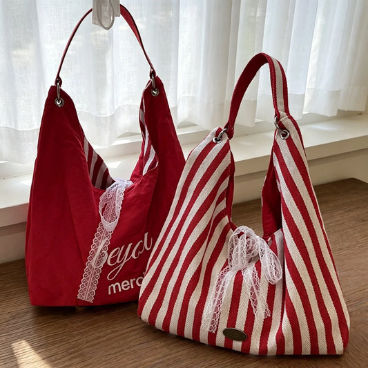 Double-Sided Women's Striped Tote Bag with Lace Bow | Large Tote Women's Tote Bag Peaceful Pleasures Health and Wellness