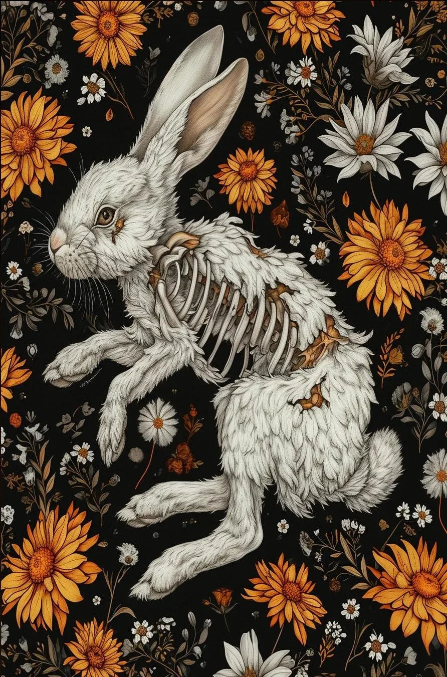 Horrible Floral Skeleton Animal Poster Gothic Bat Owl Rabbit Fox Canvas Painting Occult Wall Art Dark Academia Room Home Decor Peaceful Pleasures Health and Wellness