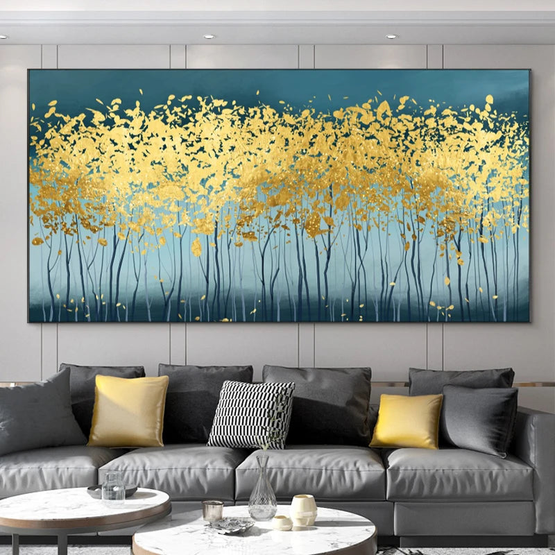 Abstract Leaves Oil Painting Print On Canvas Texture Golden and Silver Trees Wall Art Modern Home Decor Living Room Wall Decor Peaceful Pleasures Health and Wellness black golden-12 20x40cm