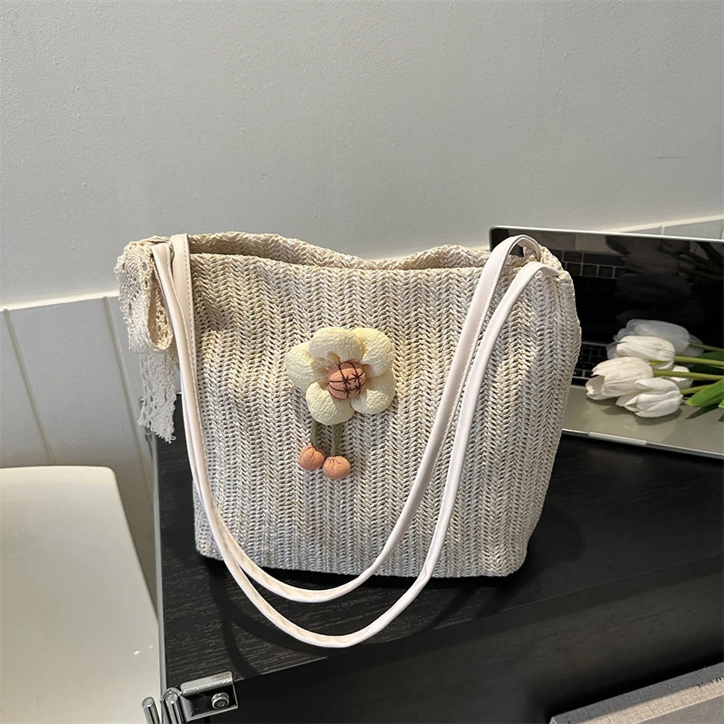 Women Casual Summer Handbag Aesthetic Design Large Capacity Woven Shoulder Bags Ideal Gift for Yourself Female Friends Peaceful Pleasures Health and Wellness