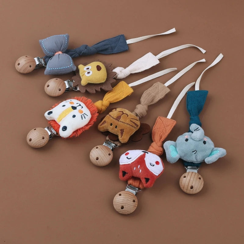 Baby Pacifier Chain Clip | Plush Animal Doll & Wooden Teether