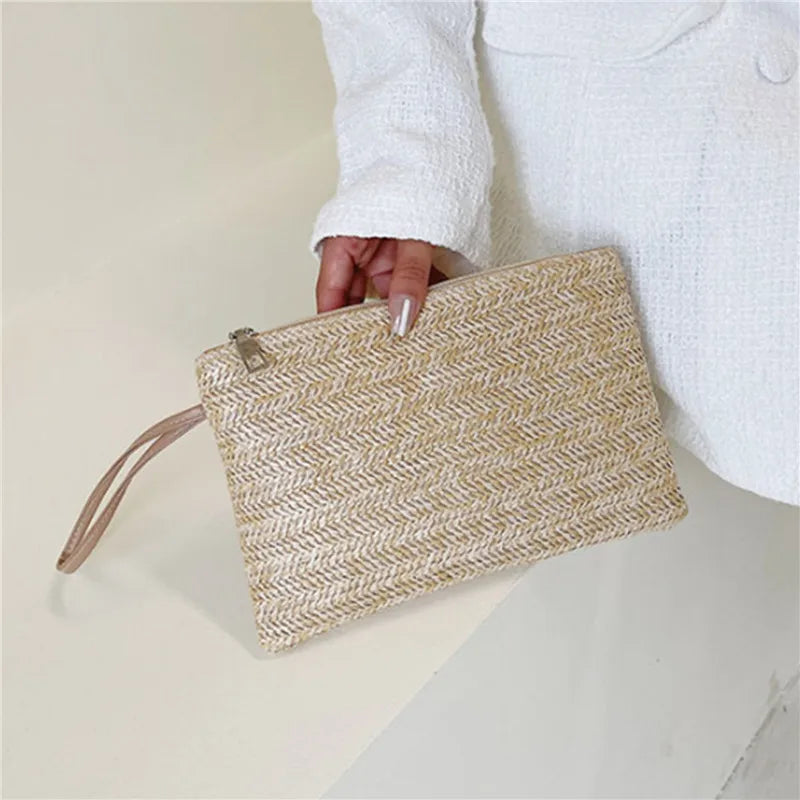 Clutch Bag for Women Handmade Backpack Fashion Ladies Wristlet Girl Phone Solid Straw Woven Coin Purse Beach Wallet Fresh Sweet Peaceful Pleasures Health and Wellness