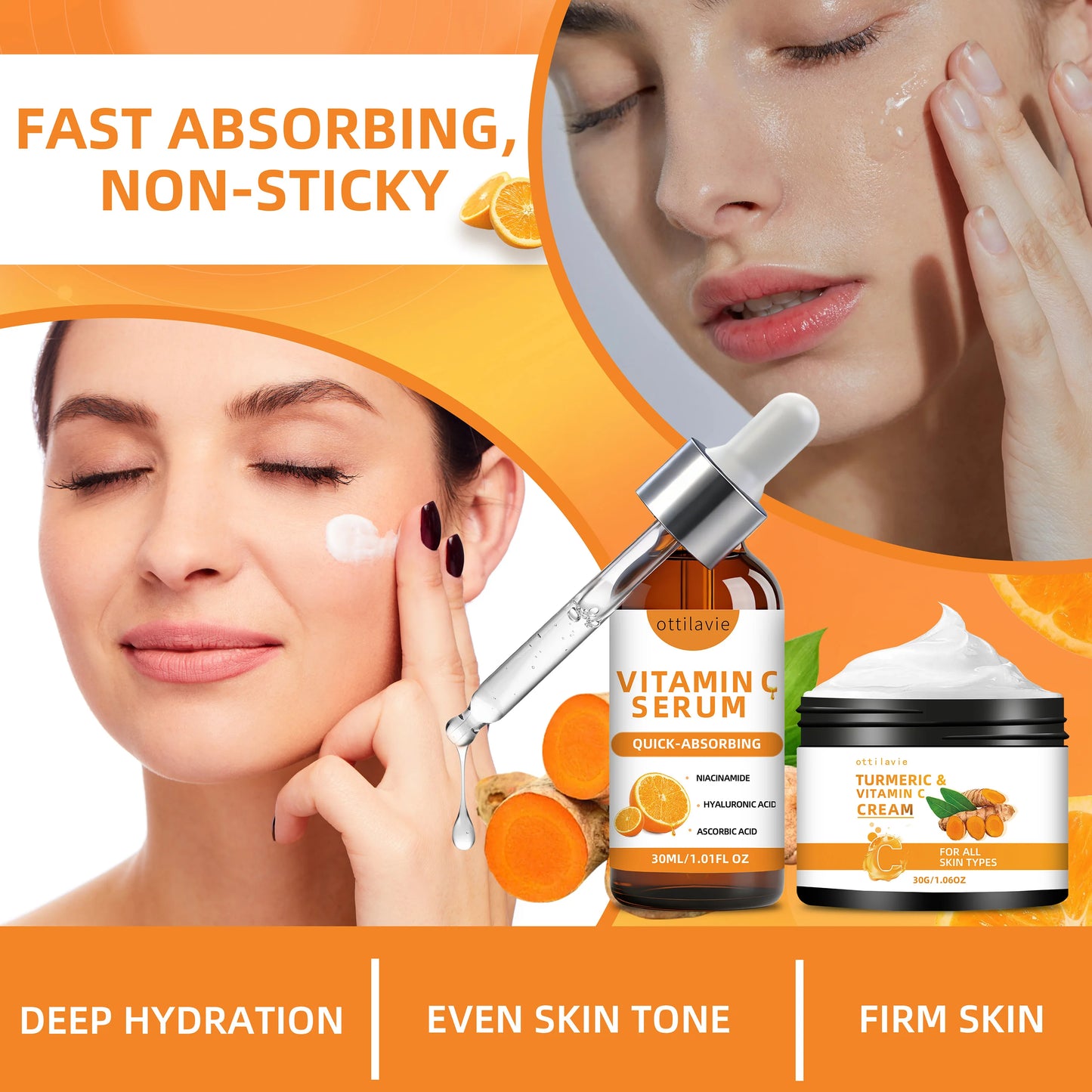 Ottilavie Turmeric & VC Cream+Serum Skincare Duo Set, ace/Neck/Body,Unisex,All Skin Types, Lightweight Daily,Non-greasy Peaceful Pleasures Health and Wellness