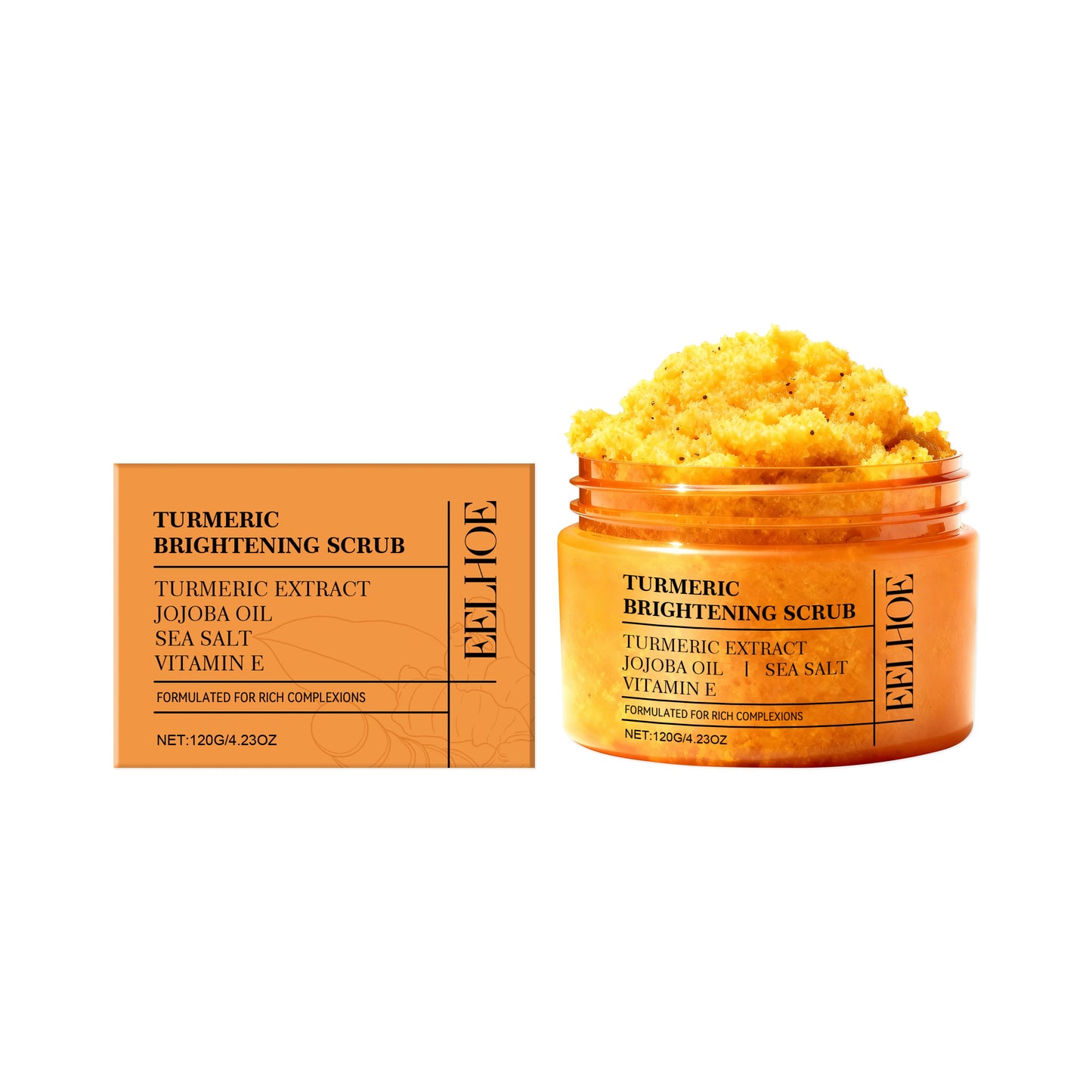 Turmeric Vitamin E Exfoliation scrub Smoothing Brightening Skin Care Reduce Dark Spots refreshed Turmeric Body Scrub Cosmetics Peaceful Pleasures Health and Wellness 120g Boxed