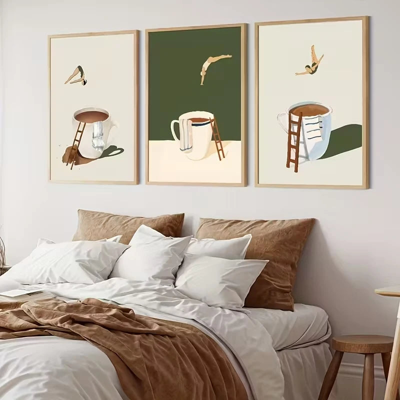 3-Piece Funny Coffee Diver Canvas Wall Art Print | Home Decor